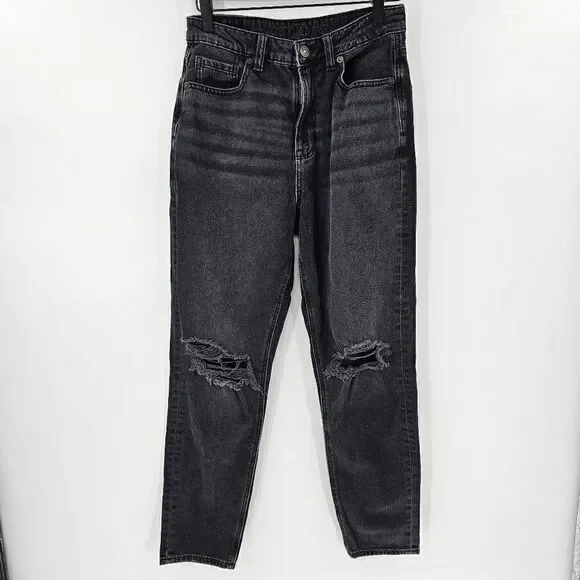 American Eagle highest rise mom jeans black 2 distressed knee
