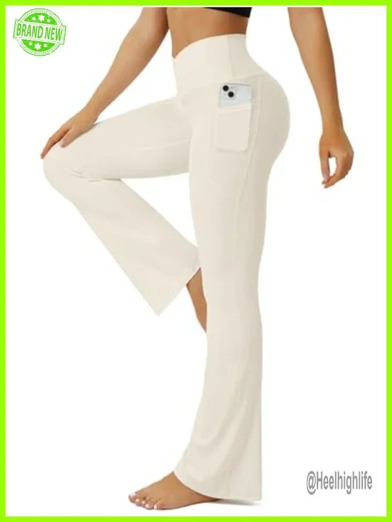High Waisted Crossover Flare Leggings with Pockets No Front Seam