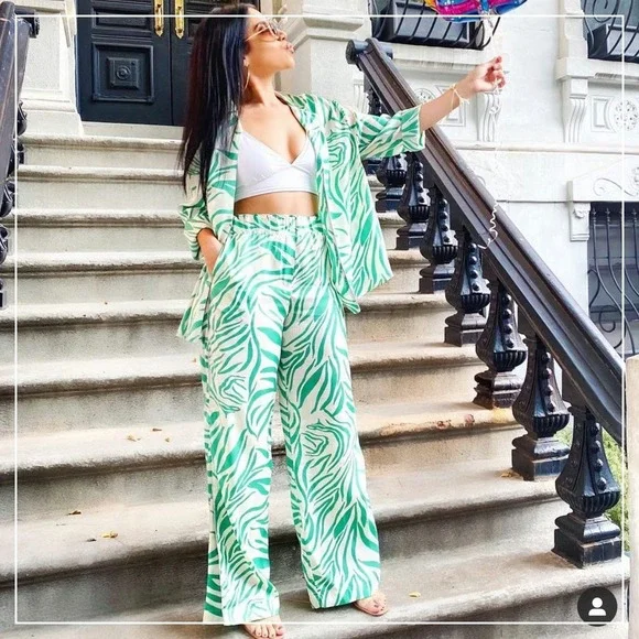 Zara Pants Women XL Green Zebra Print Wide Leg High‎ Rise Elastic Waist Satin