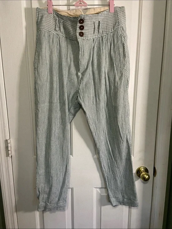 High-Waist Striped Cotton Blend Pants in Light Gray