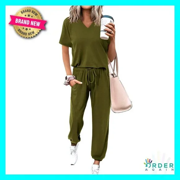 V-Neck Short Sleeve Tops Long Pants Tracksuit Lounge Jogger Set with Pockets