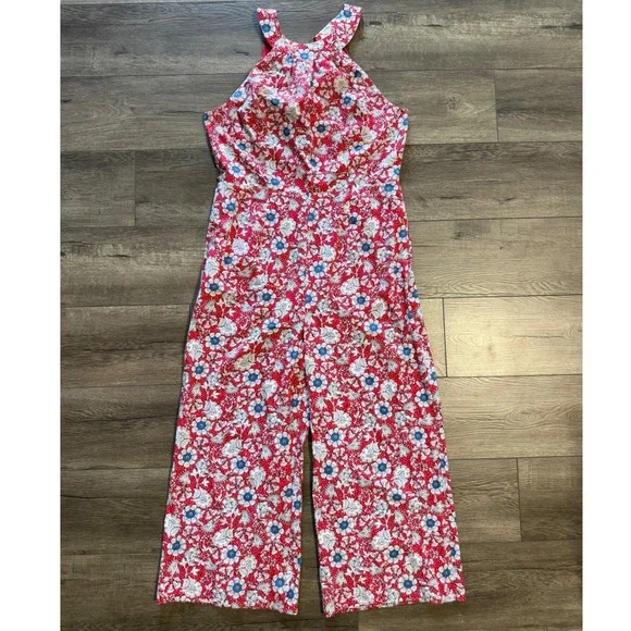 LOFT Outlet Red Floral Halter Neck Wide Leg‎ Jumpsuit Tie Back Womens 14