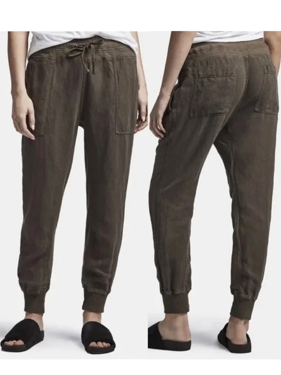 James Perse Relaxed Canvas Linen Blend Pants Joggers Army Green Brown