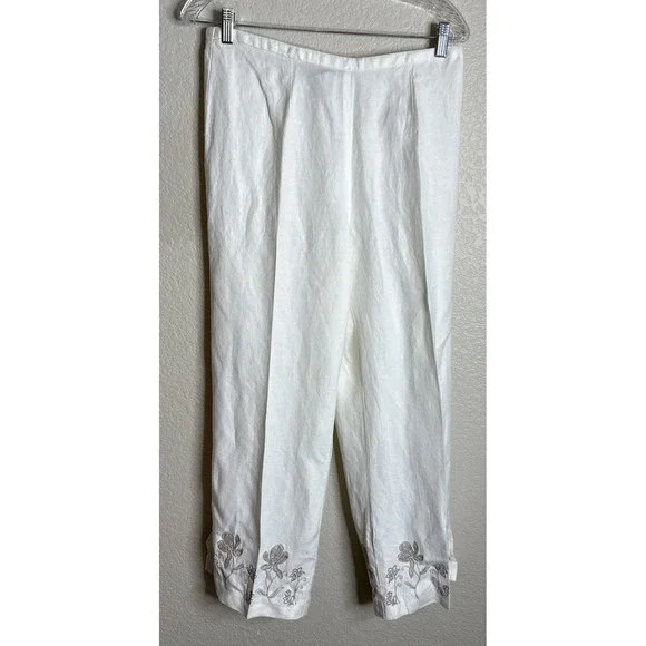 Norton McNaughton‎ Medium Off White Pull On Pants Floral Embroidered Hem Linen