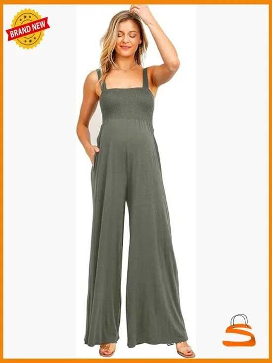 Maternity Sleeveless Jumpsuit Romper Smocked Neck Pockets