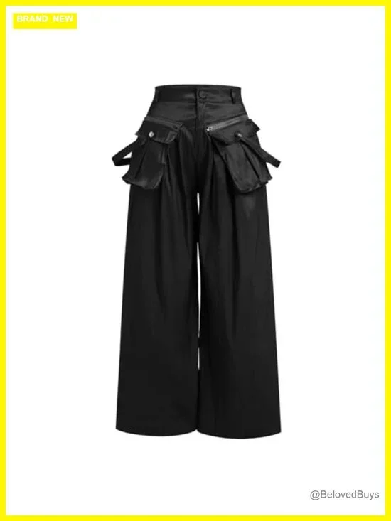 High Rise Wide Leg Satin Cargo Pants with Pockets Y2K Trousers