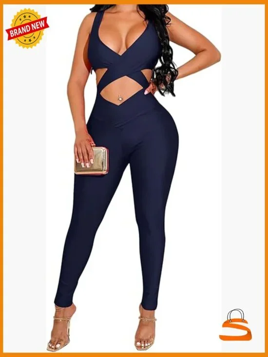 Cut Out Bodycon Jumpsuit Sleeveless Deep V Neck Zip Back Clubwear