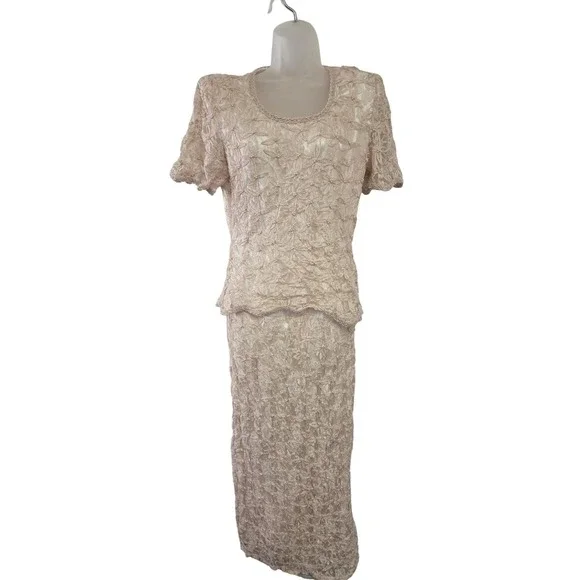 VTG SCALA Beaded Lace 2Pc Evening‎ Gown Set Champagne Mother Bride Formal 90s