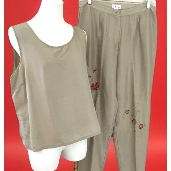 I.S.C. 100% Silk Tunic & Embroidered Pant Set Women's Large Beige Floral Luxury