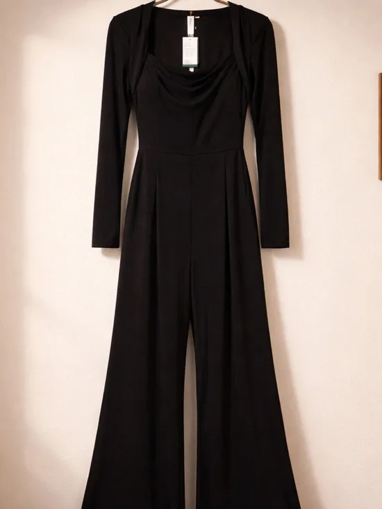 HALARA Black Long-Sleeve Wide-Leg Jumpsuit with Draped Neckline