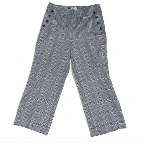 Loft Plaid Wide-Leg Pants with sailor Button Detail high rise size 10 gray red