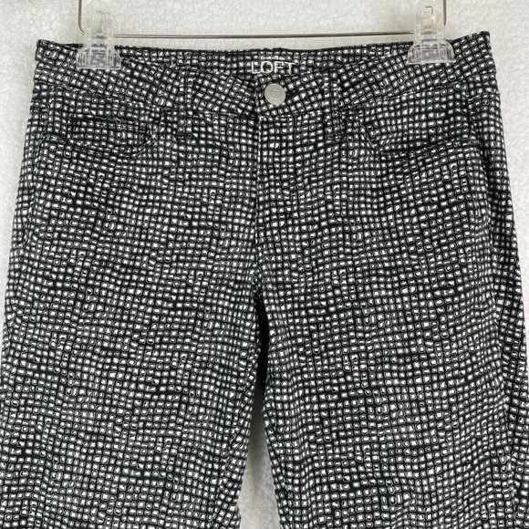 LOFT Modern Skinny Pants Black White Geometric Grid Print Size 28/6 Mid Rise