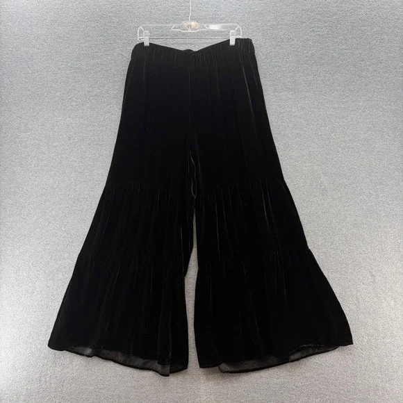 Johnny Was JW Los Angeles Pants Womens XL Black Velvet Wide Leg Ruffle Hem Party
