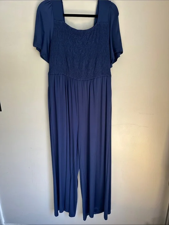 Navy Blue Wide-Leg Smocked Jumpsuit With Short Sleeves and pockets, 2XL