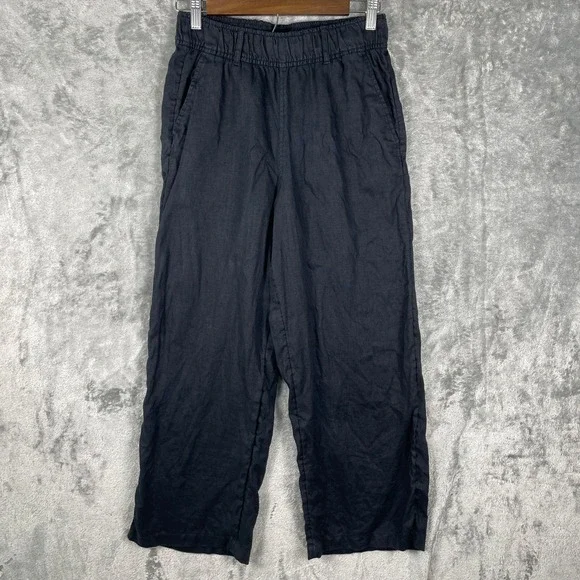 Tahari Linen Wide Leg Pants Womens Small Navy Blue Crop Elastic‎ Waist Lagenlook