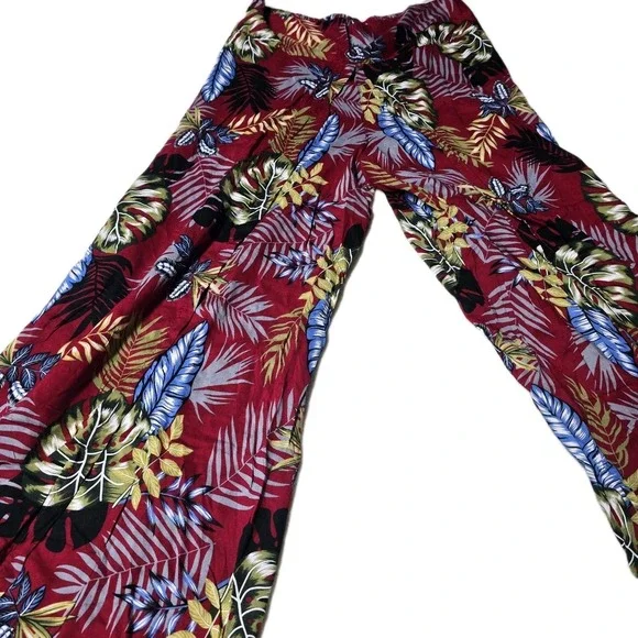 Tropiko Women's Wide Leg Split Pants‎ Red Tropical Floral Print Boho Summer S,M