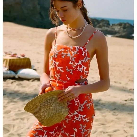 Anthropologie Maeve coral print Riviera Linen Jumpsuit 14 new