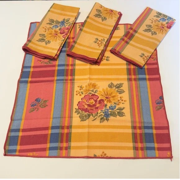 Vintage French Country Floral Plaid Cloth Napkins Set of 4 Yellow Red Blue 16x16