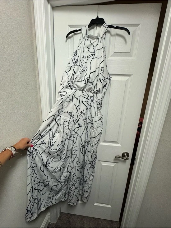 SHEIN White Halter Jumpsuit with Black Abstract Line Print
