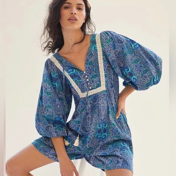 Anthropologie Blue Paisley Boho Romper Dress Size Small NEW