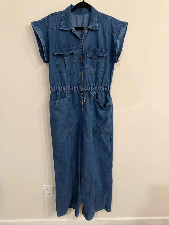 indulge Medium Blue Denim Button-Up Jumpsuit with Drawstring