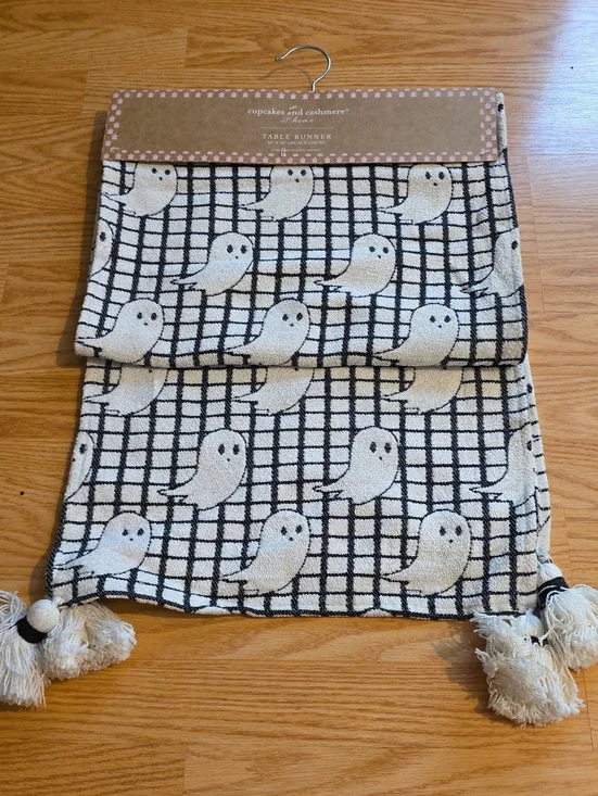 cupcakes & cashmere Cream and Black Ghost Pattern Table Runner