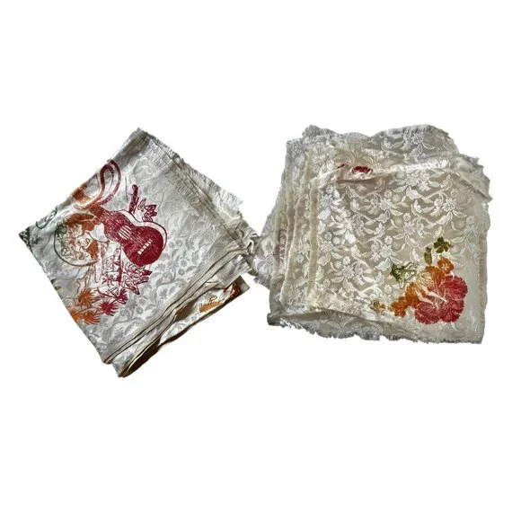 Vintage Hawaiian Tablecloth & Napkins Set Hula Girl Hibiscus Design 47x47 12