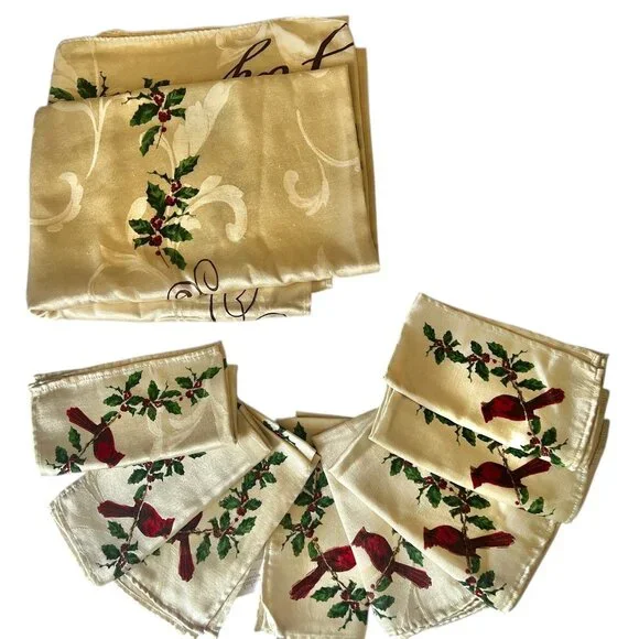 St. Nicholaus Square Christmas Tablecloth & 8 Napkins Set Cardinals Script Cream