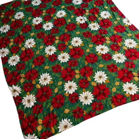 Christmas Tablecloth vintage 70's woven red green white gold poinsettias cloth