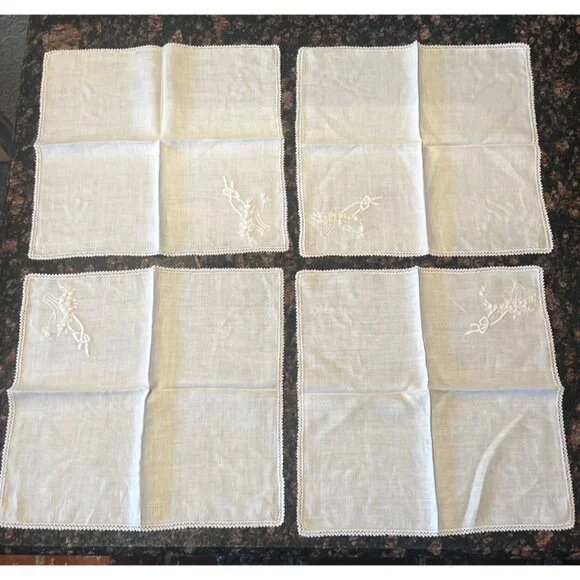White Linen Napkins With Hand Embroidered Floral Basket Design & Lacey Edging Se