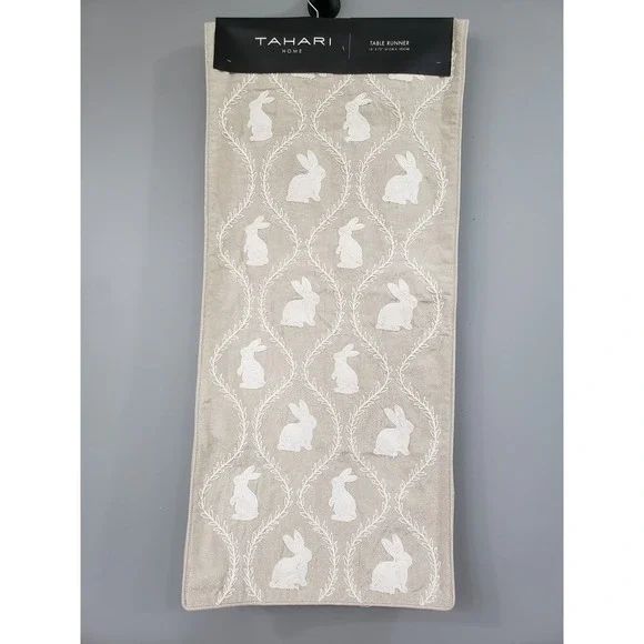 Tahari Easter Table Runner Shabby Chic Farmhouse Bunny Embroidery Shimmer decor
