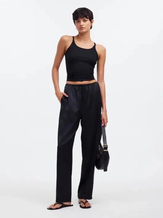 Madewell Pintucked Slim Pull-On Pants in Satin size small in Black Athleisure