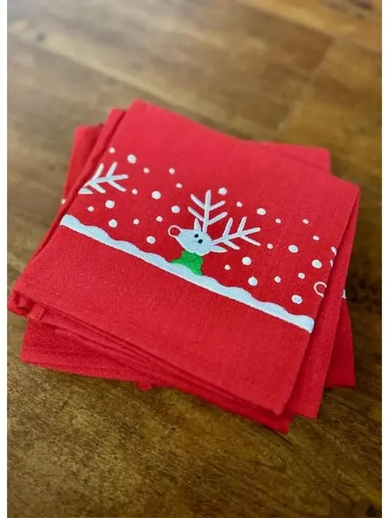 Red Christmas Reindeer Print Cotton Napkins - Set of 4