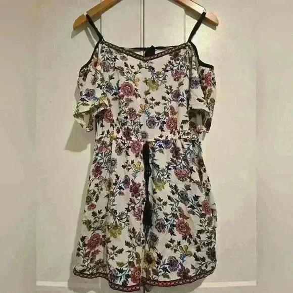 Blue Rain Floral Cold Shoulder Boho Lightweight Romper
