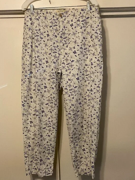 L.L. Bean, beige pants w/purple/navy, zip front w/wood button & POCKETS, size L