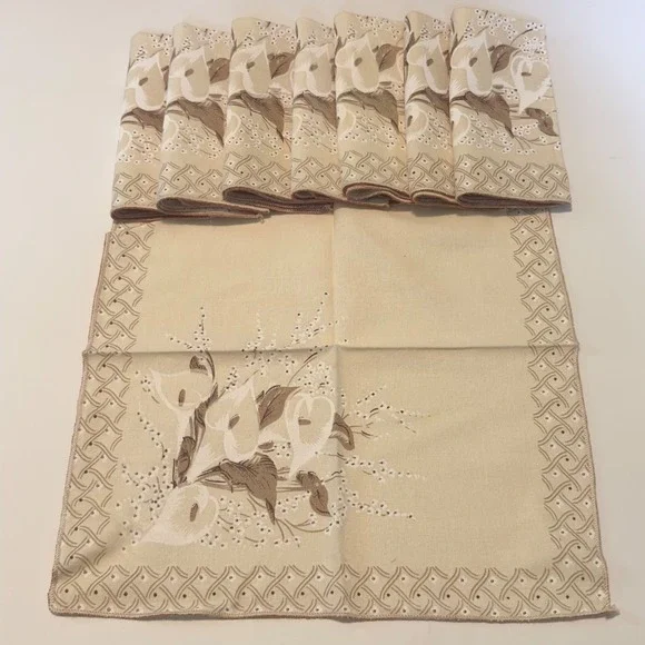 Vintage Calla Lily Floral Cloth Napkins Set of 8 Cream Tan Lattice Border 16x16