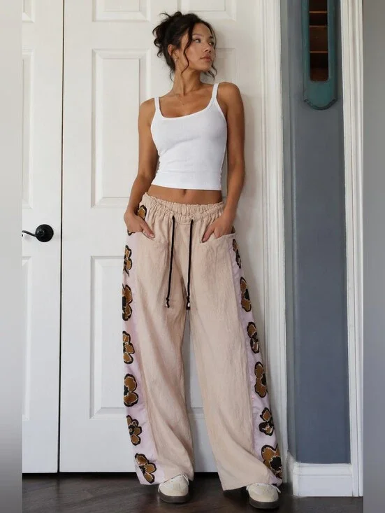Slouchy Gazy Wide-leg Pants Baggy Floral Mixed Media Pull-on Preppy Festival Lrg