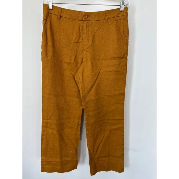 Garnet Hill European Flax Linen Straight Leg Pants Ochre‎ Turmeric Size 8