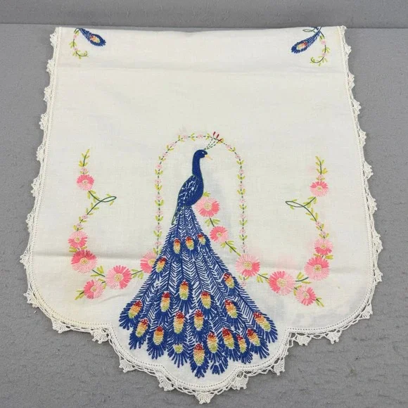 Vintage Hand Embroidered Peacock Table Runner‎ White Lace Trim Floral 41x17