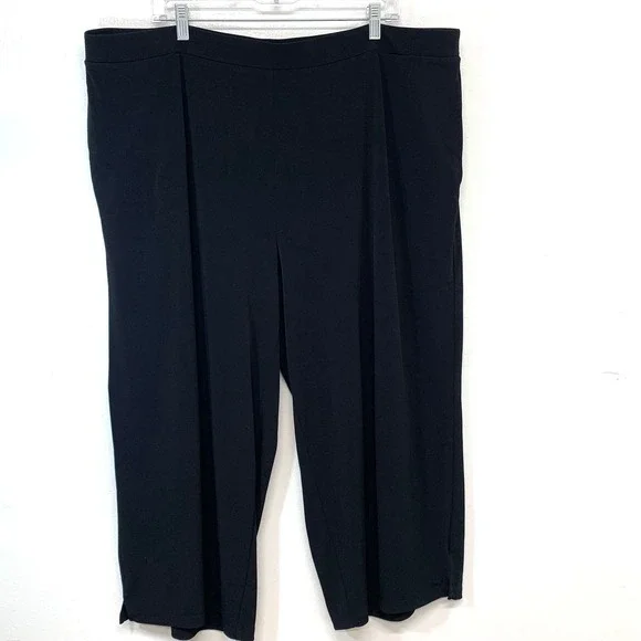 Susan Graver Essentials Black Liquid Knit Wide Leg Crop Pants  2X Pull On Pocket