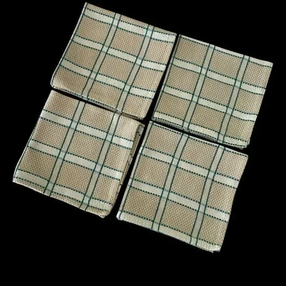 Lot of 4  Cloth Napkins Beige Green White Plaid 16