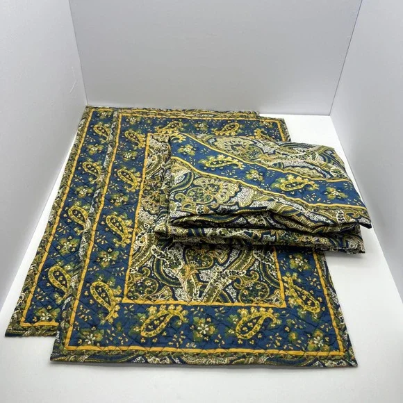 Williams Sonoma Tablecloth Set 2 Placemats Blue Yellow Round 70 Cotton Provence