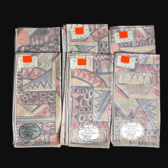 Vintage Sunweave Cotton Napkins Set of 6 Abstract Geometric Metallic Silver Pink