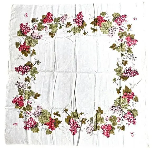 Square tablecloth printed cotton blend pink red grapes greenery vine border FLAW