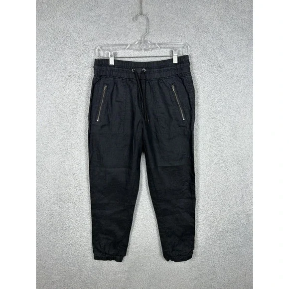 ATHLETA Linen Cabo Tapered Leg Pull On Pants in Black‎ Zip Pockets Size 4/P
