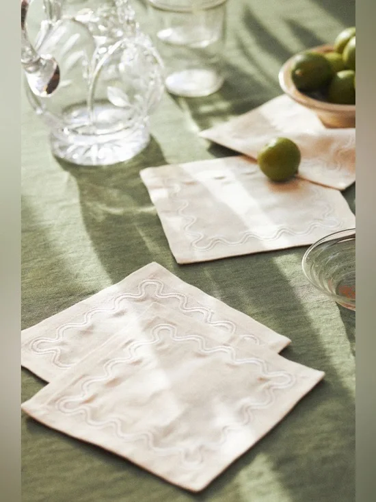 Anthropologie Madeline Embroidered Cocktail Napkins, Set of 4 in Neutral NEW