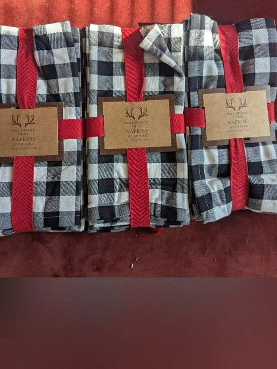 Rustic Checkered Cotton Napkins with Red Ribbon - Brand: