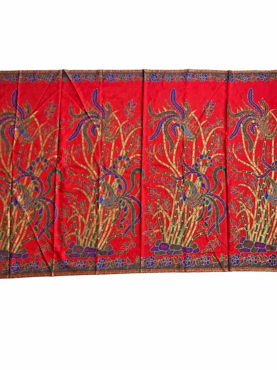 Vintage Asian Phoenix Bamboo Tablecloth Wall Hanging Red Gold 75x43 Textile