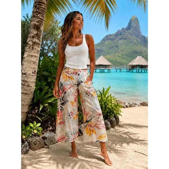 Linen Cropped Wide Leg Resort Pants Tropical‎ Floral Size L Coastal Boho