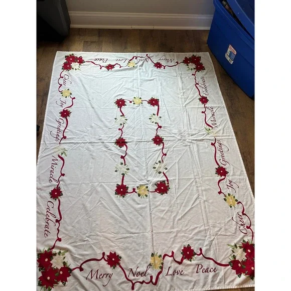 Vintage Christmas Poinsettia Tablecloth White Red Noel Peace Holiday Decor